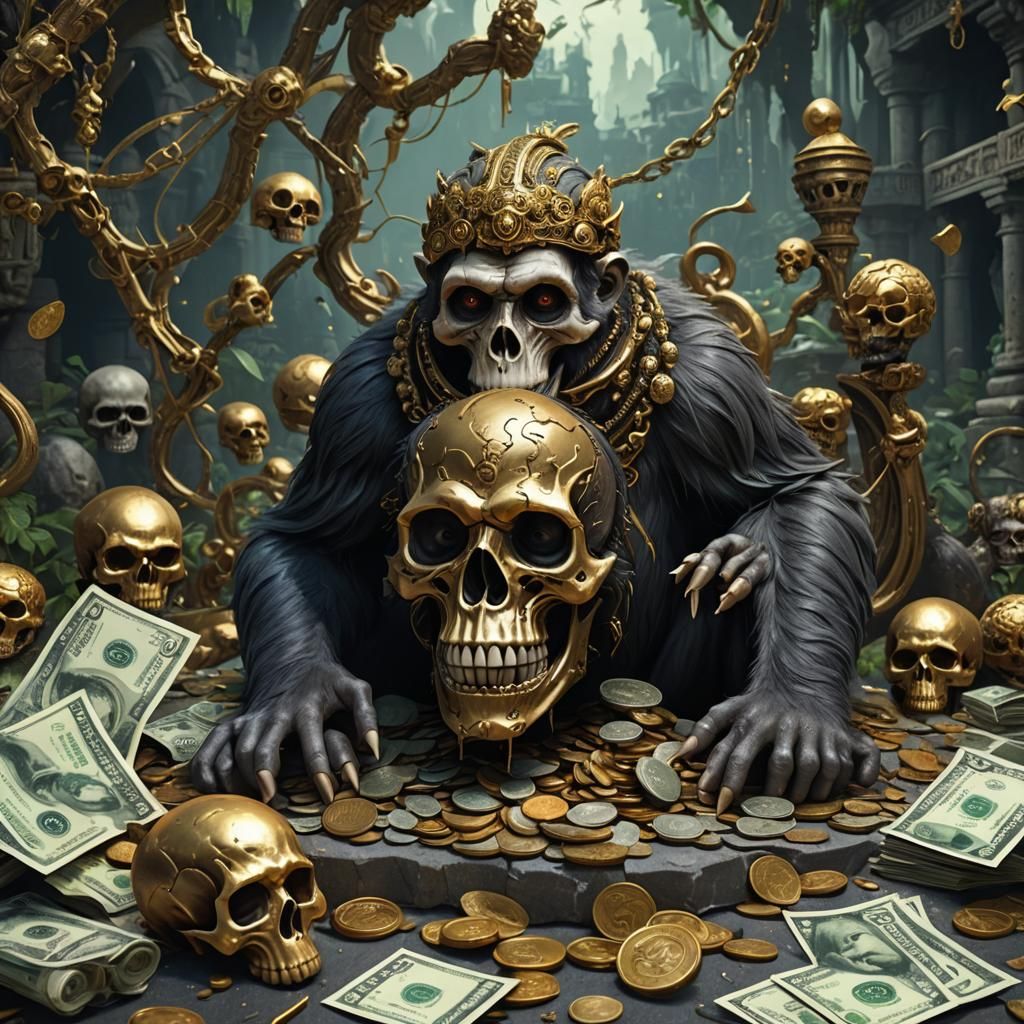 Surreal Monkey with Money and Skull: Detailed Matte Painting