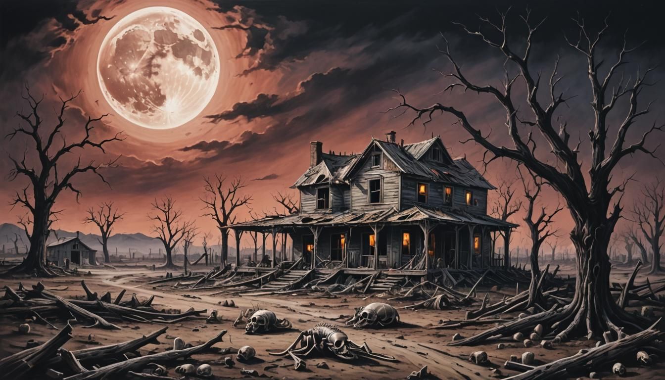 Post-Apocalyptic Farmhouse Under Blood Moon Painting