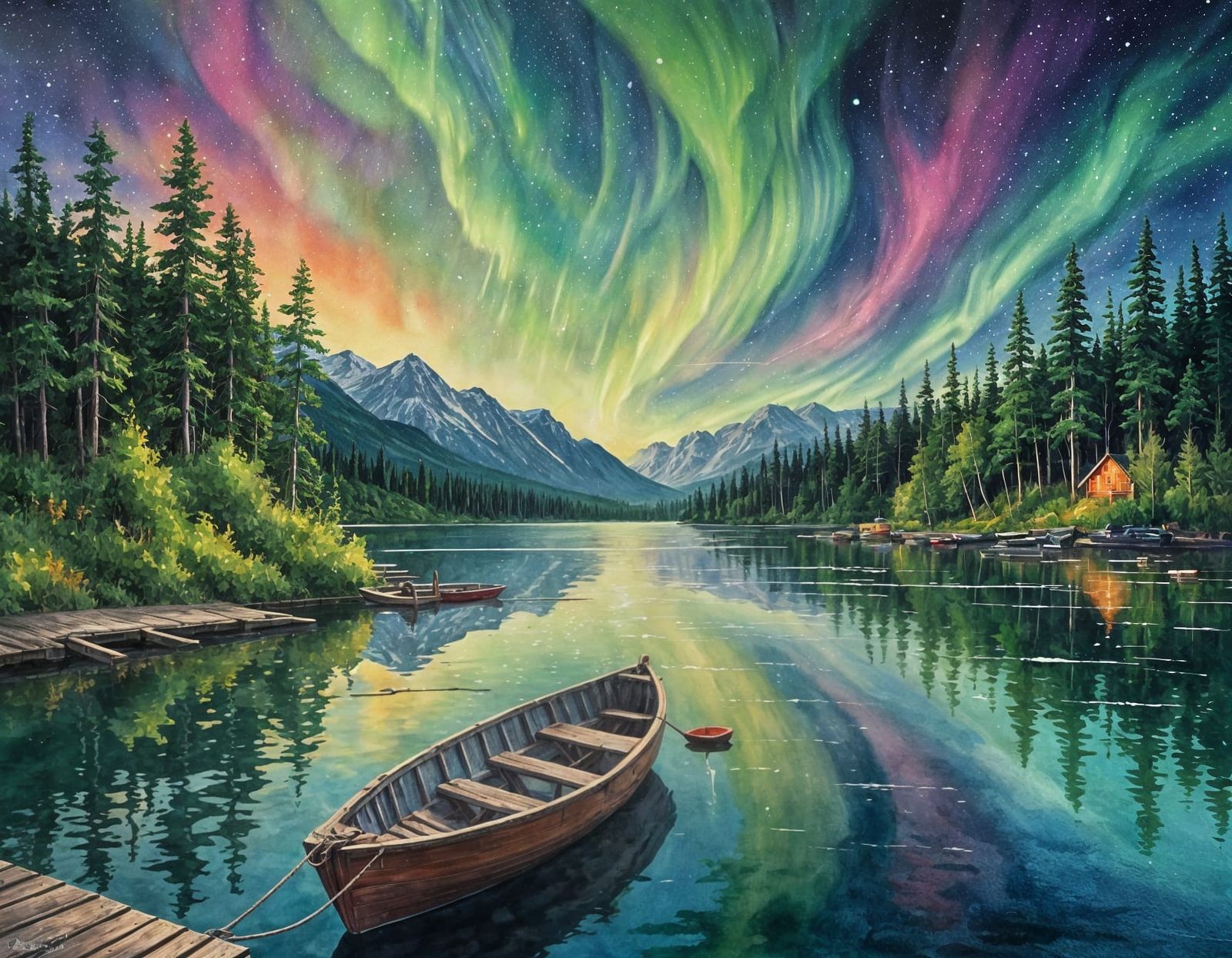 Alaskan Lake with Northern Lights in Gouache Style