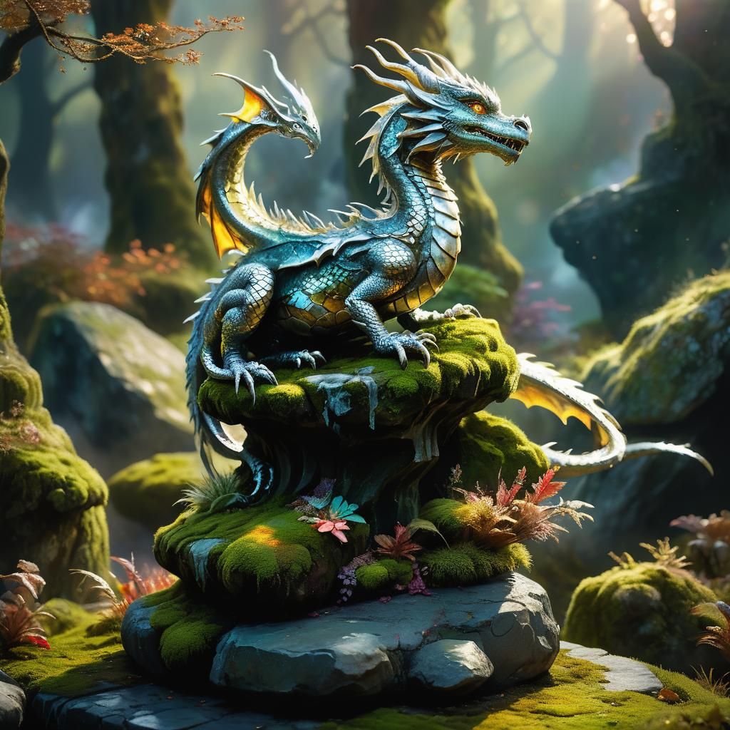 Small Silver Dragon on Stone Pedestal