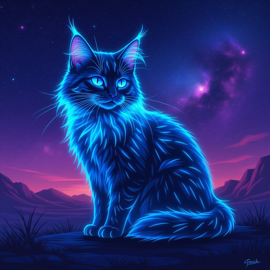 Blue Glowing Cat with Electric Fur in Neon Digital Art Style