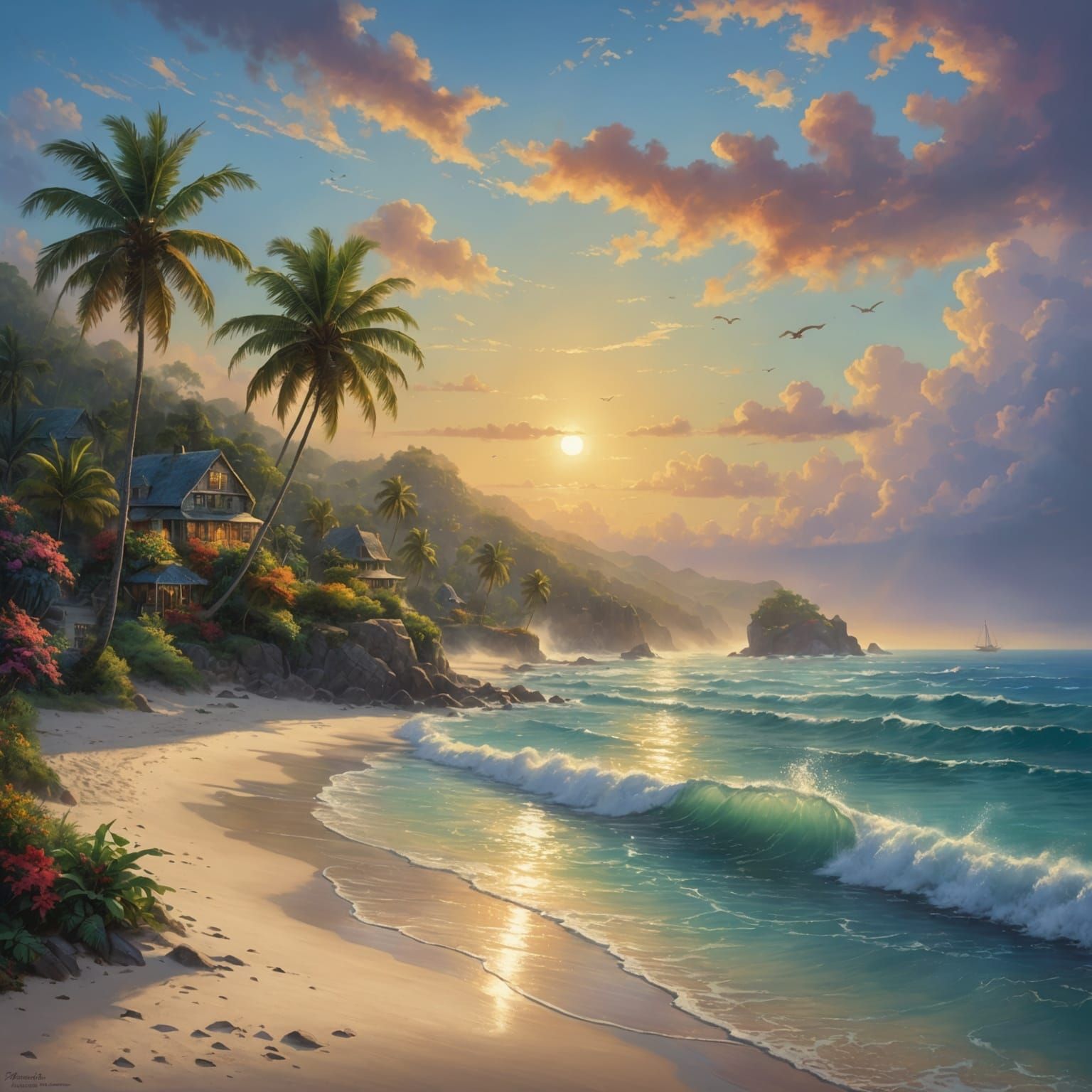 Caribbean Beach Sunrise in Ethereal Style