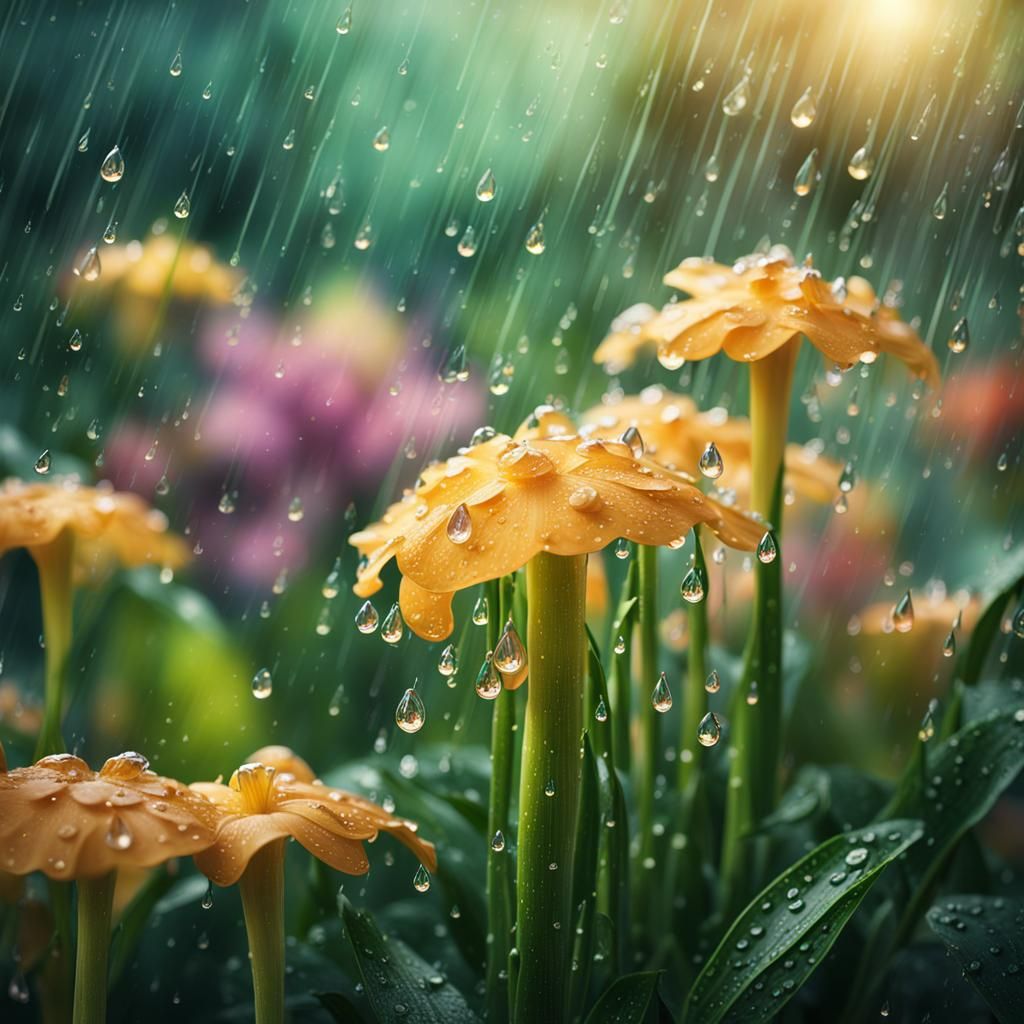 Dreamy Pastel Garden Scene with Raindrops