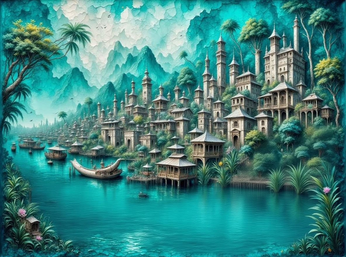 Monochromatic Turquoise Tusk Cityscape as Impasto Painting