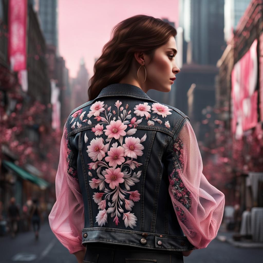 Woman in Embroidered Jean Jacket in Detailed Matte Painting