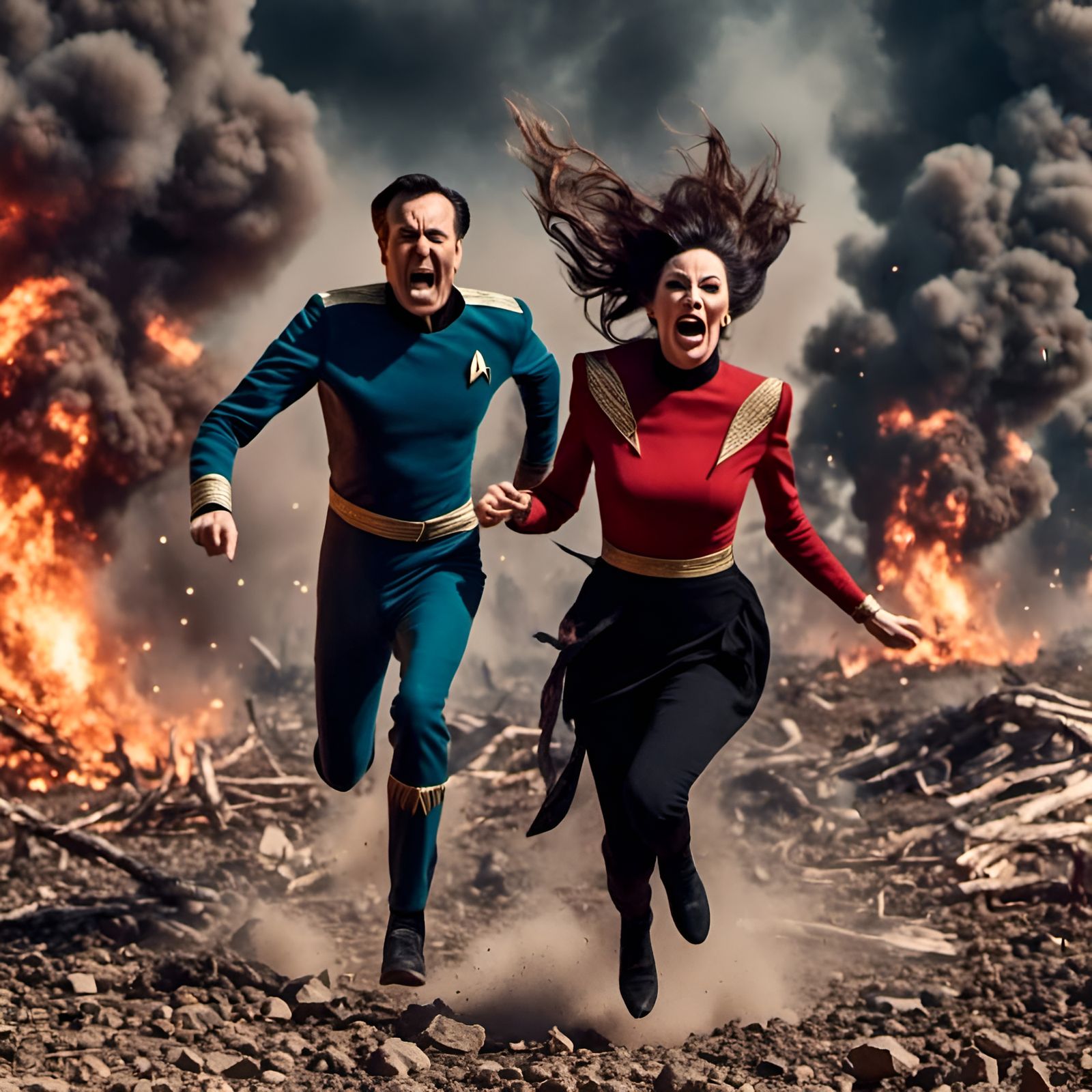 <lora:Screamo:1.0> Data and Deanna Troi from Star Trek running away from an explosion
