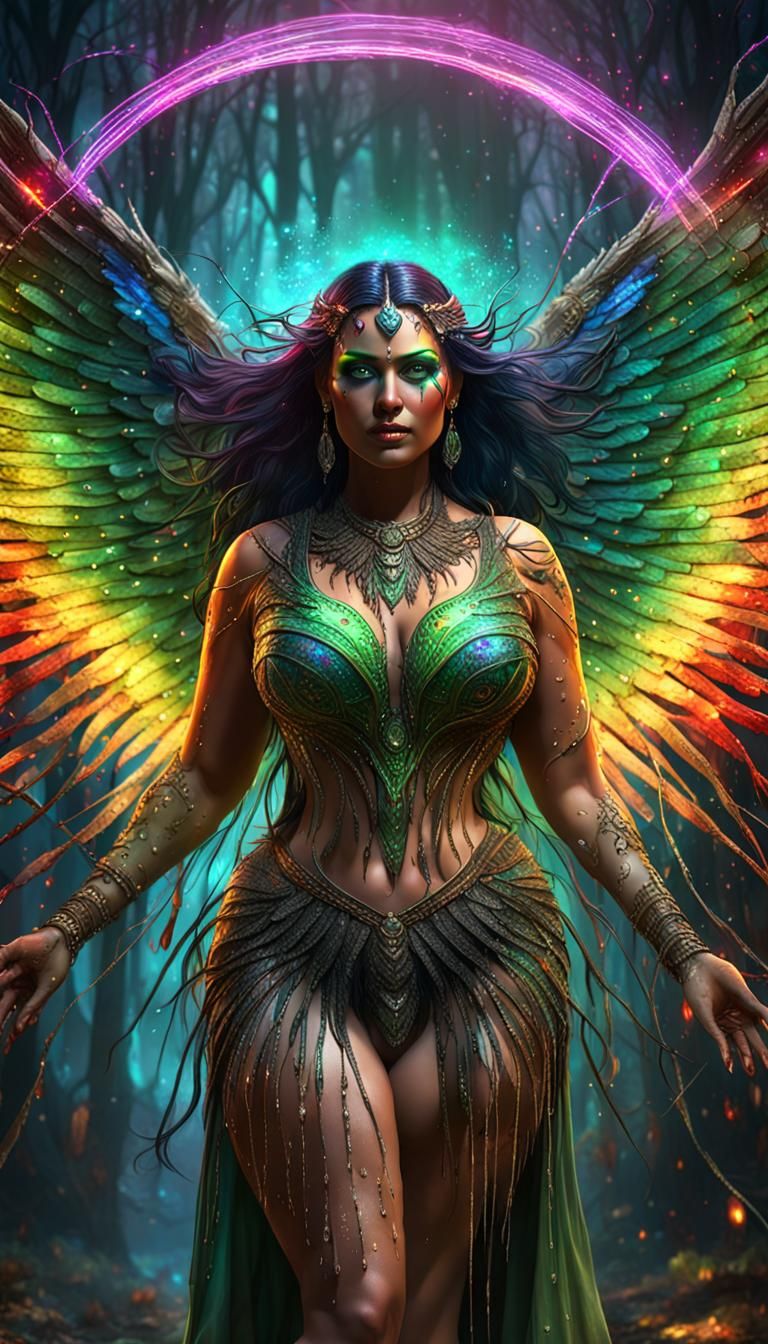 Rainbow Goddess with Wings in Dark Fantasy Style