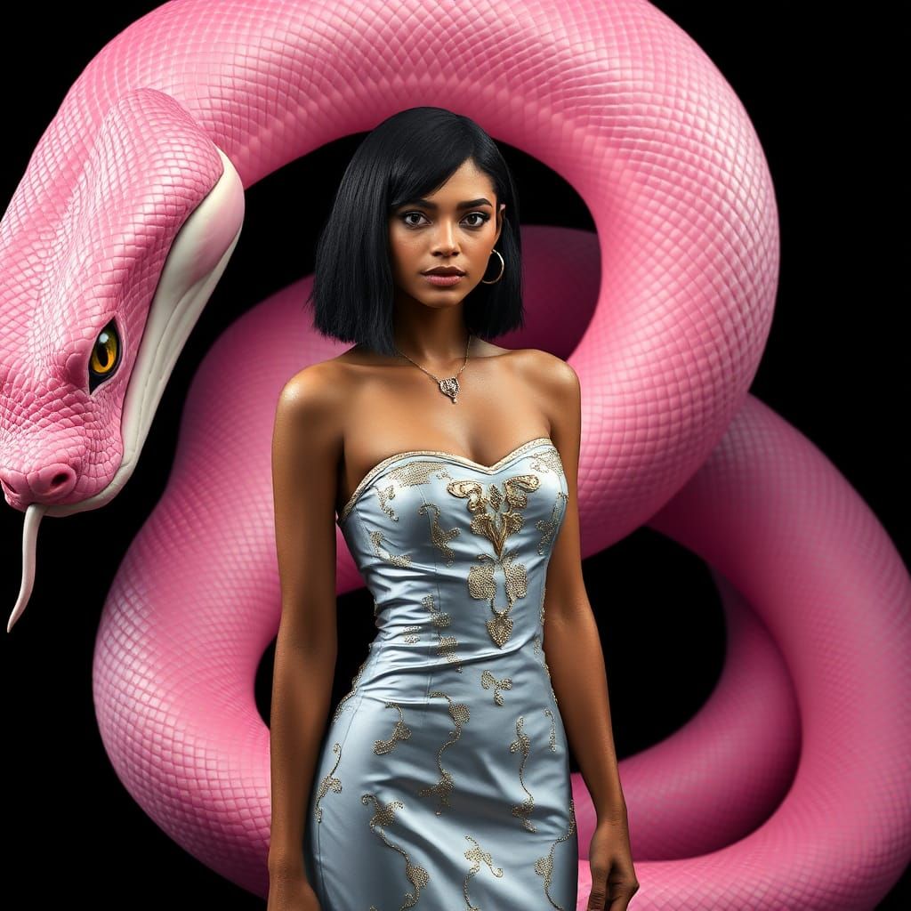 Woman and Majestic Pink Snake in Detailed Matte Painting