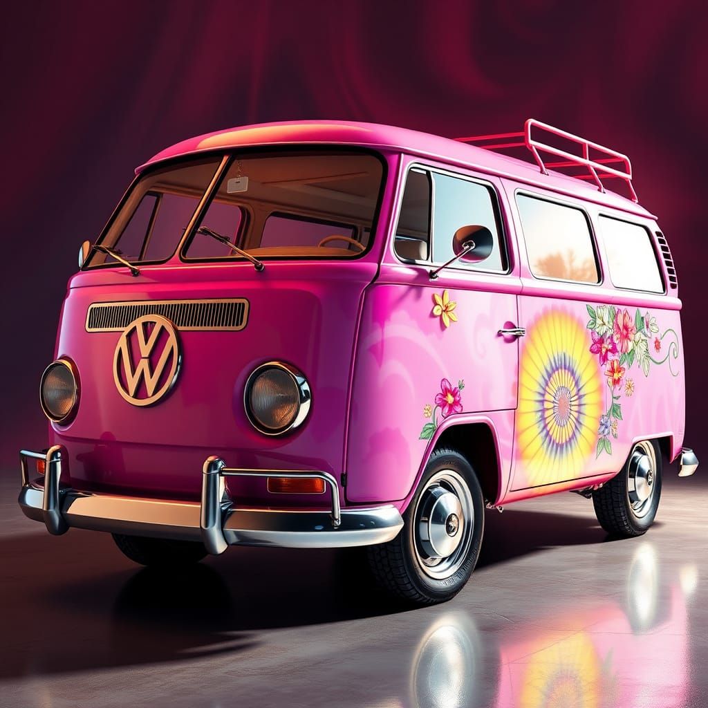 Pink Retro Kombi Van with Tie-Dye, Hyperrealistic Style