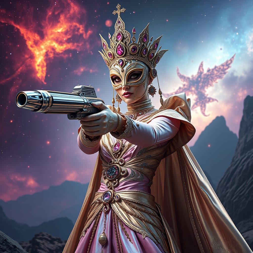 Regal Cosmic Queen in Iridescent Gown with Raygun