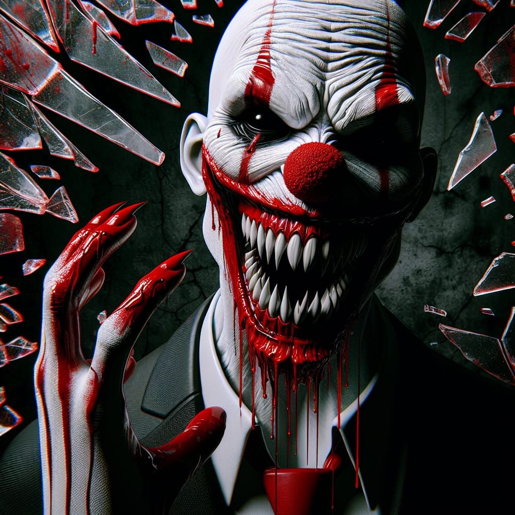 Menacing Clown with Sharp Teeth and Grin
