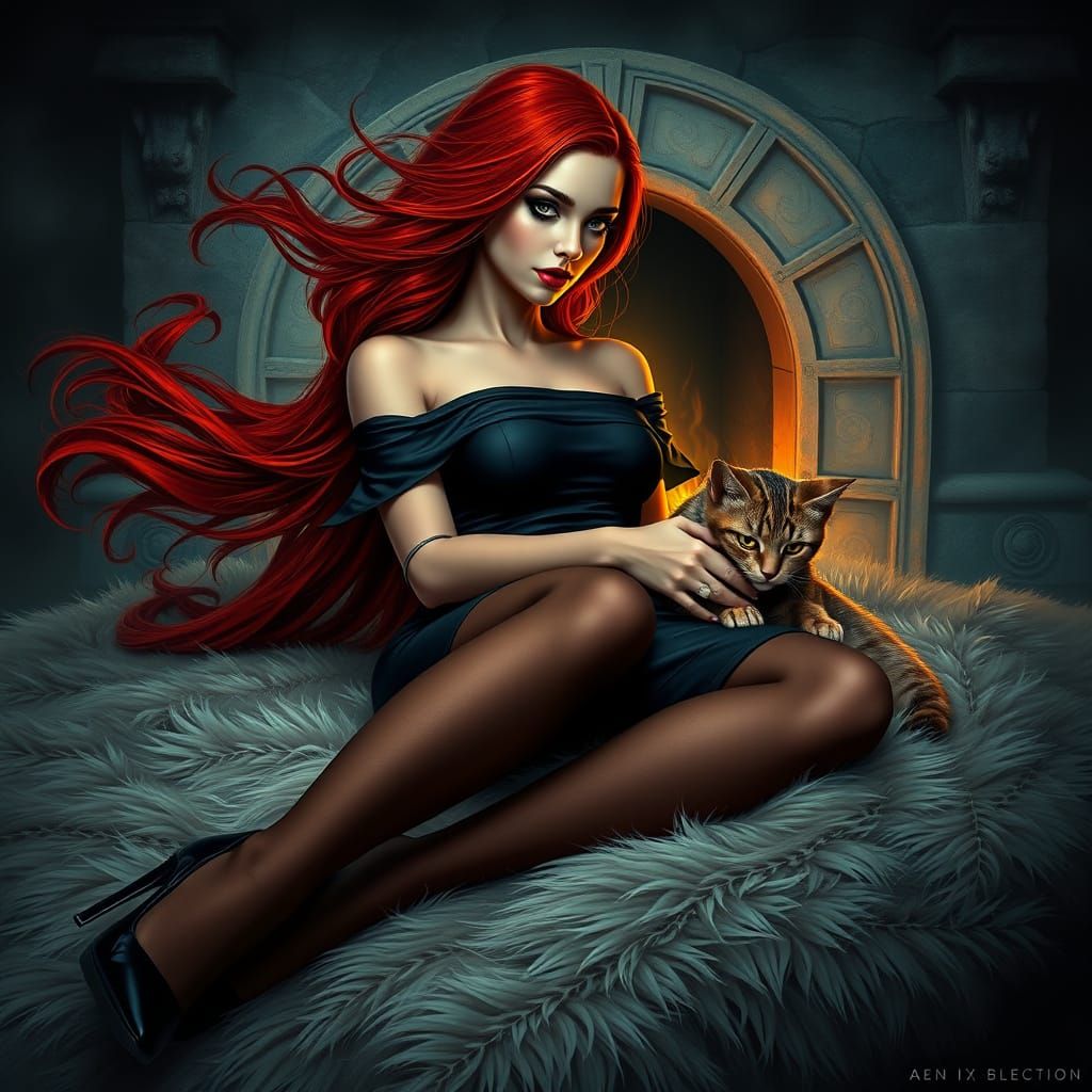 Elegant Goddess in a Cozy Fireplace Scene