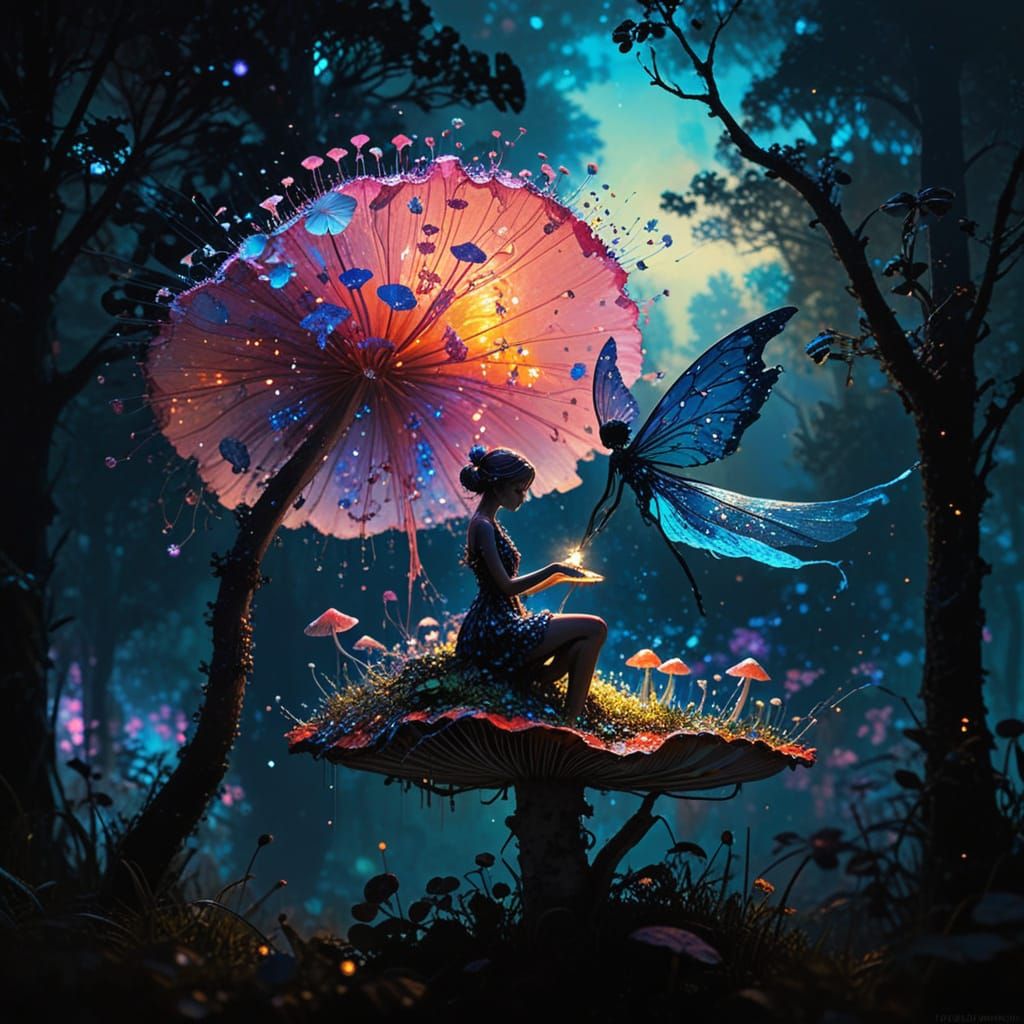 Tiny Fairy Silhouette on Mushroom in Vibrant Colors