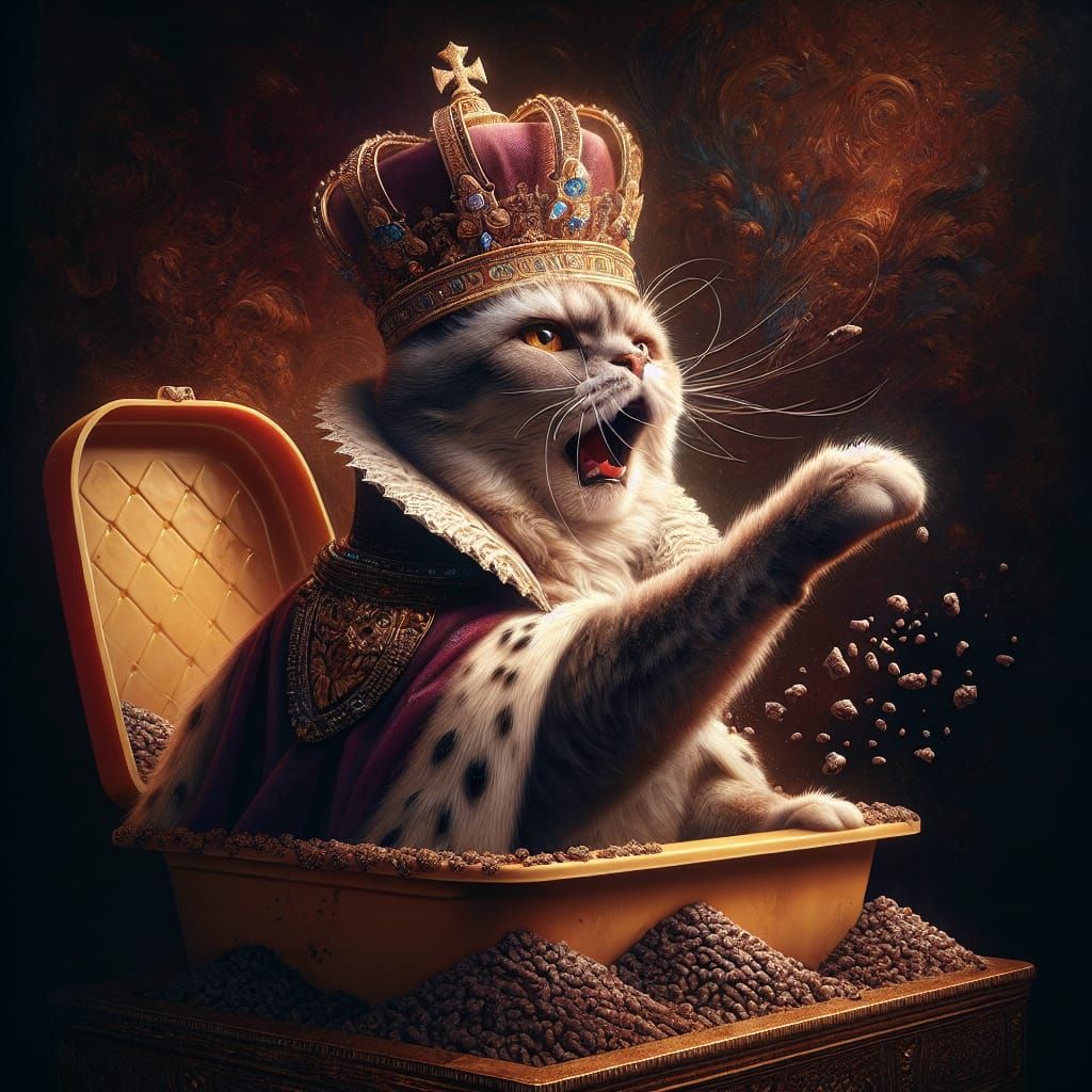 Regal Cat on Throne, Hyperrealistic Splash Art