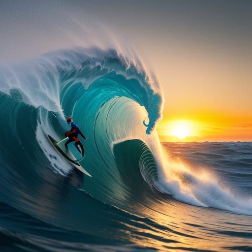 Surfer Catches Giant Wave at Sunset, Ultra Realistic