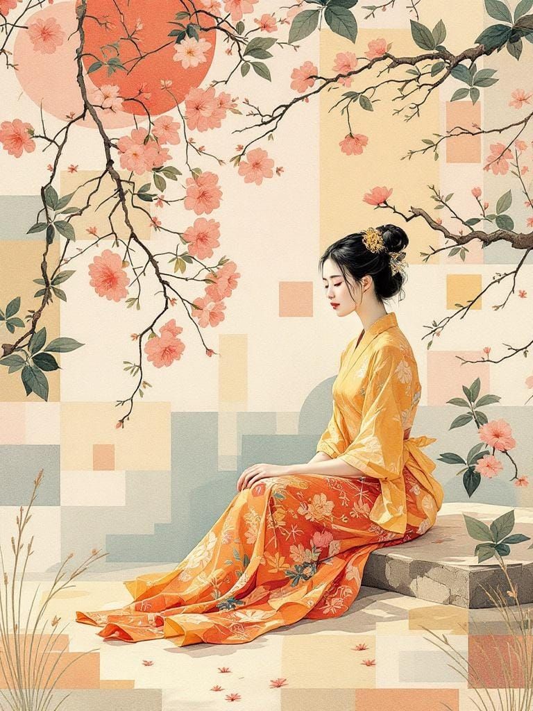 Abstract Figure Study with Geometric Patterns and Garden Sce...