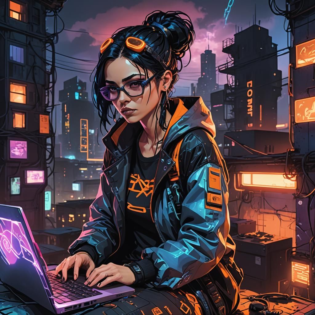 Cyberpunk Hacker on Rooftop at Midnight in Neon Light