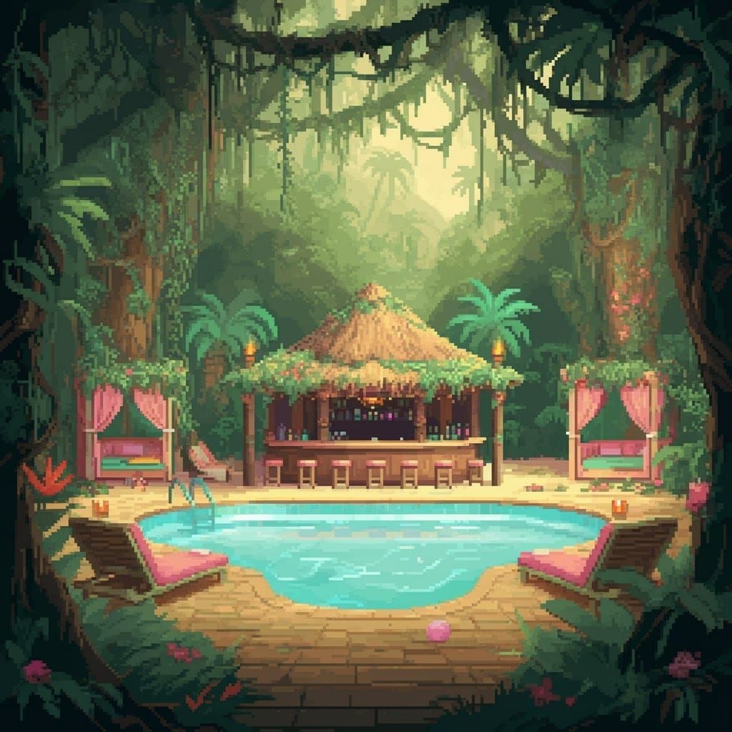 Tropical Lounge in 8-bit Pixel Art Style