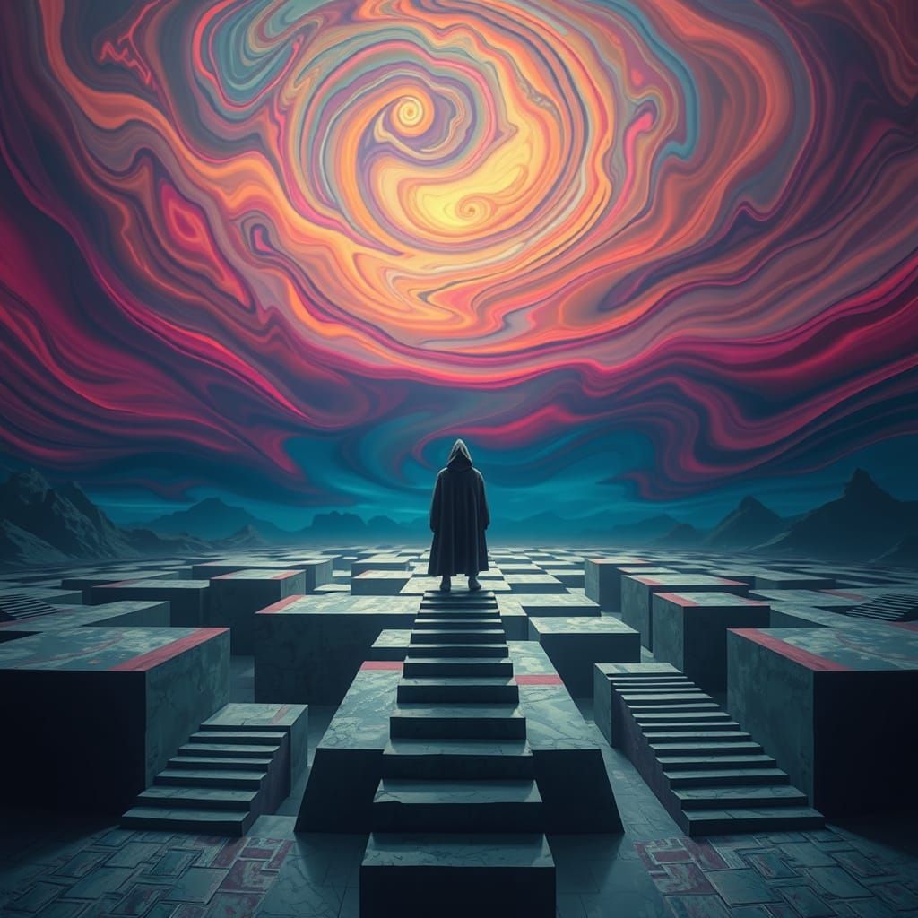 Mysterious Figure in a Dreamlike, Surreal Landscape with Dis...