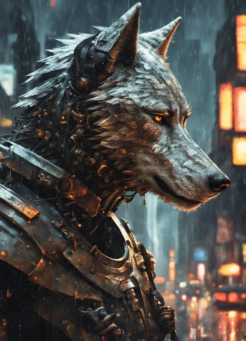 Wolf Cyborg Portrait in Dramatic Cityscape