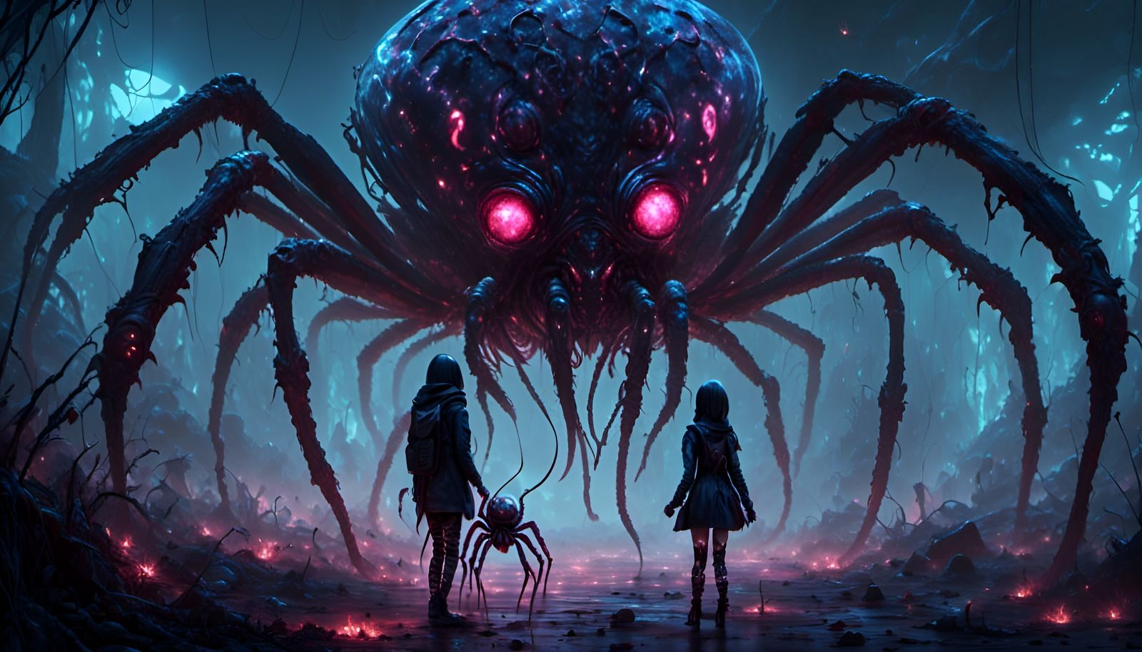Alien Girl Walking Giant Spider, Digital Art