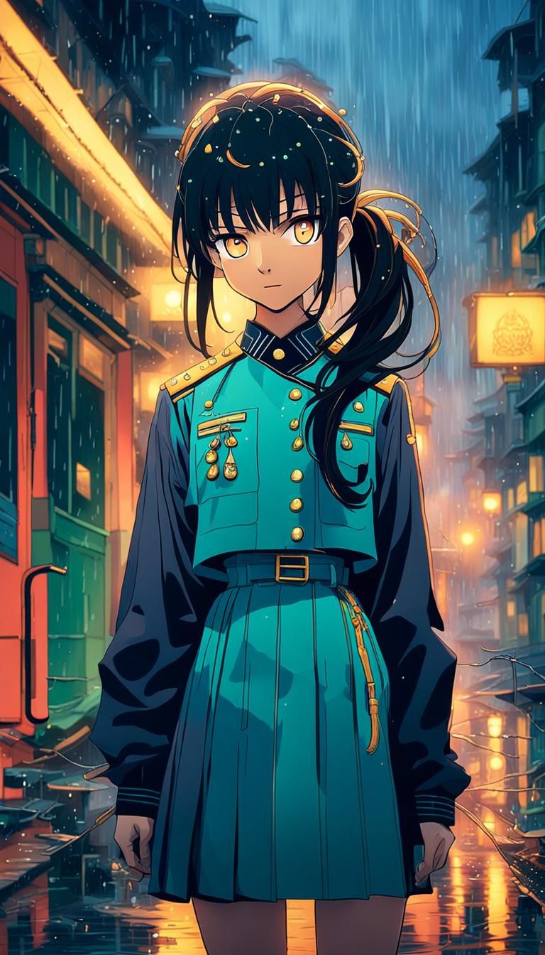 Anime Girl Posing in Rain, Digital Art Style