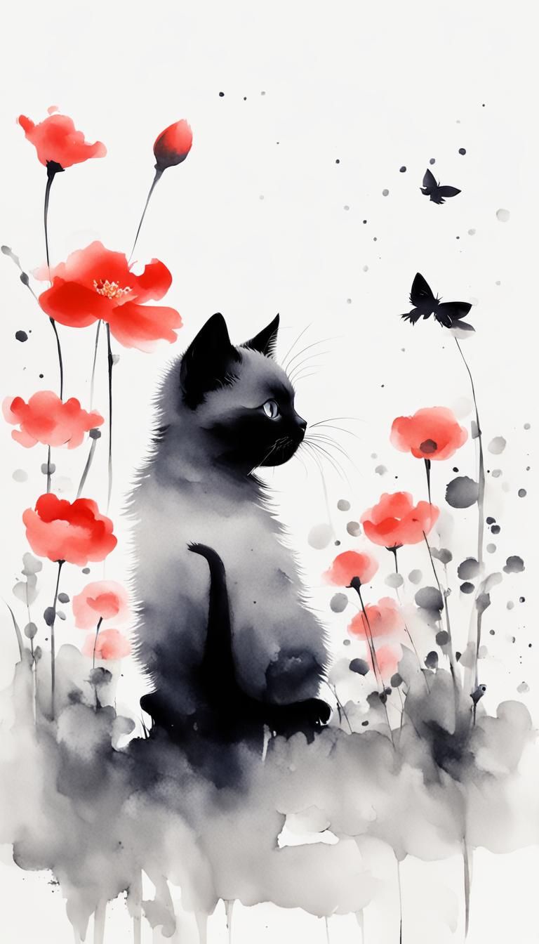 Chinese Ink Painting of Kitten in Garden