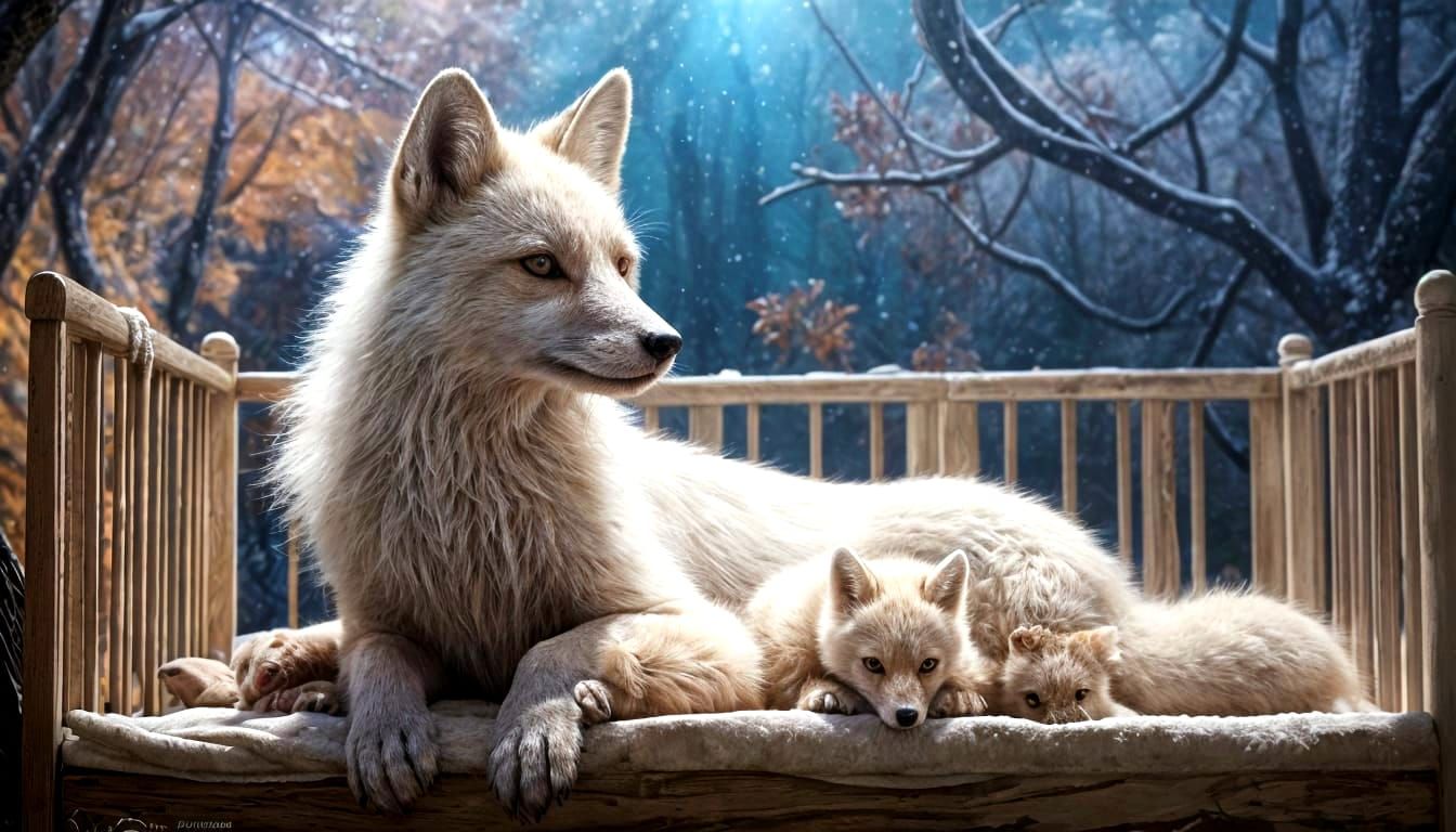 Albino Fox Protects Cubs in Snowy Den - Hyperrealistic