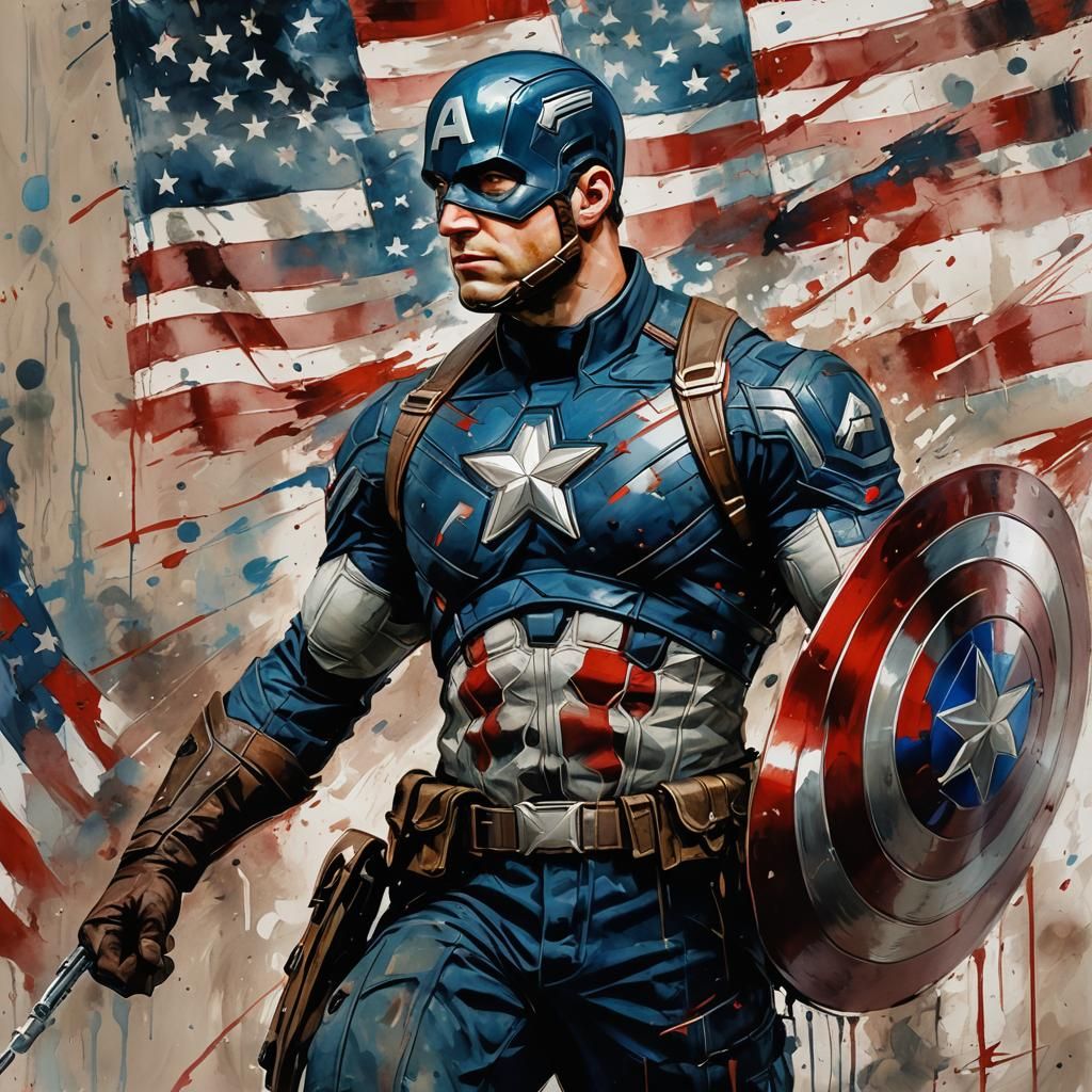 Dynamic Captain America Gouache and Watercolor Painting