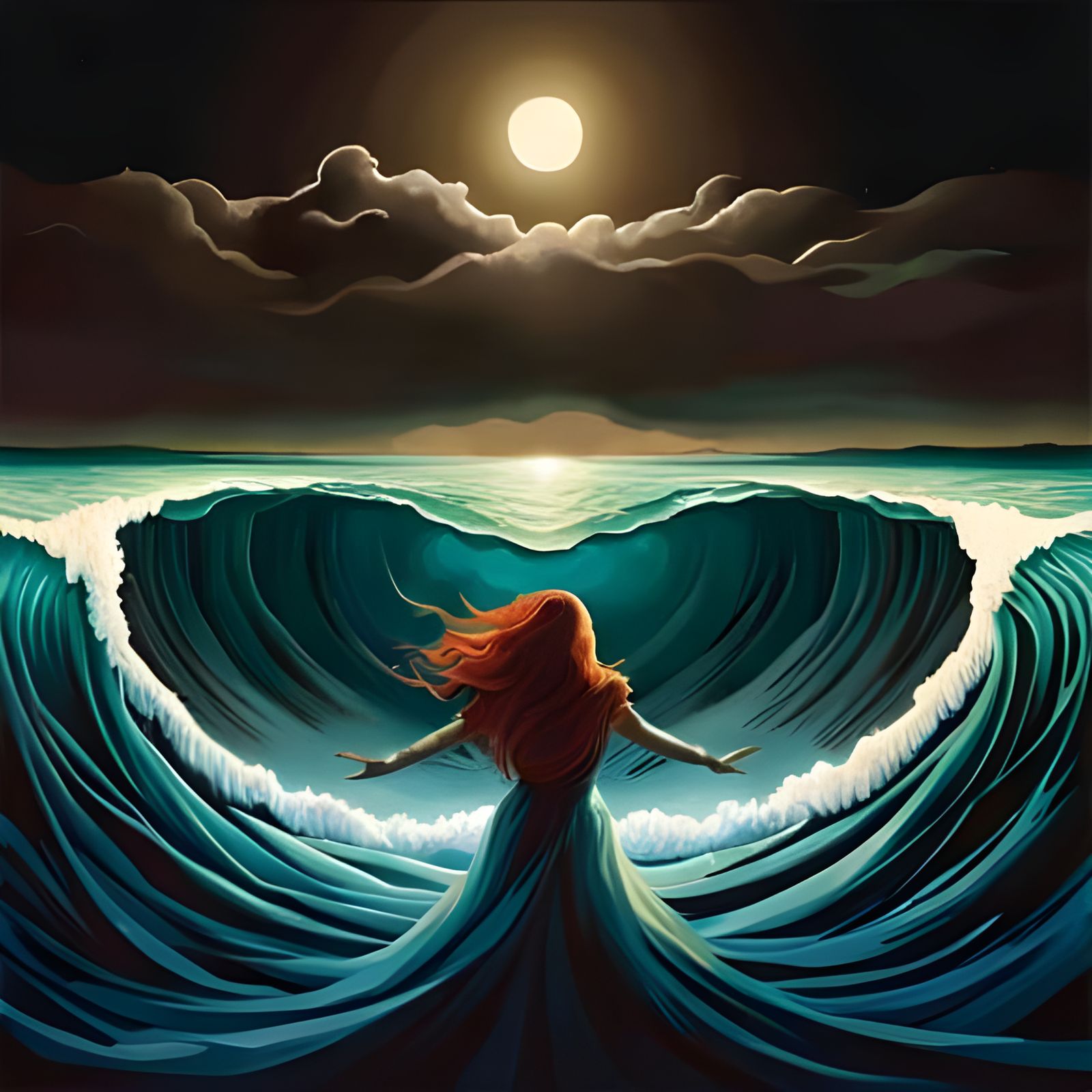 Woman Between Gigantic Waves in Art Nouveau Style