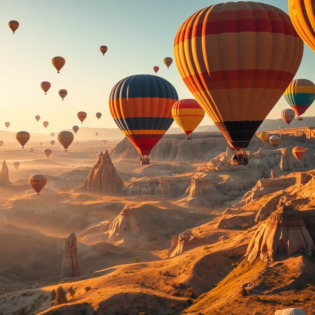 Surreal Cappadocia Landscape with Hot Air Balloons in Vibran...