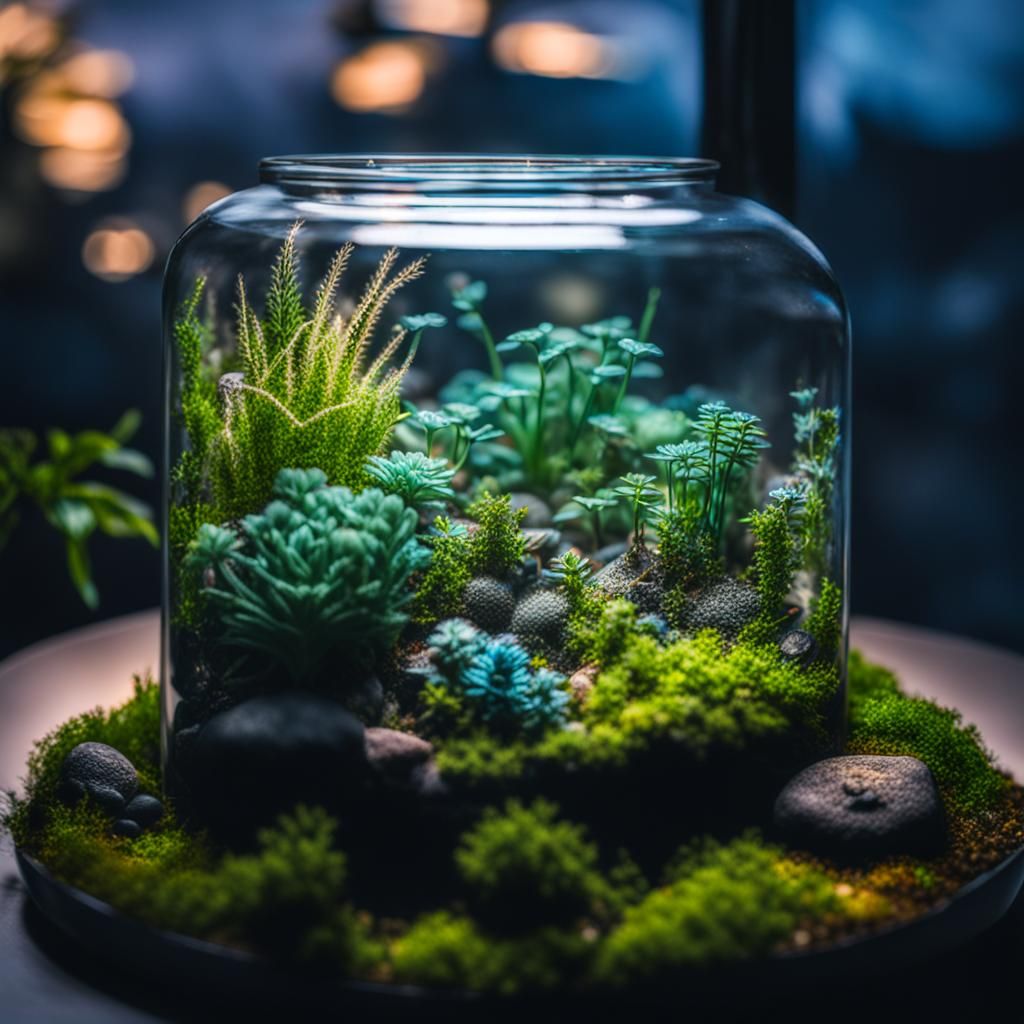 Bioluminescent Terrarium at Night: Hyperrealistic Image