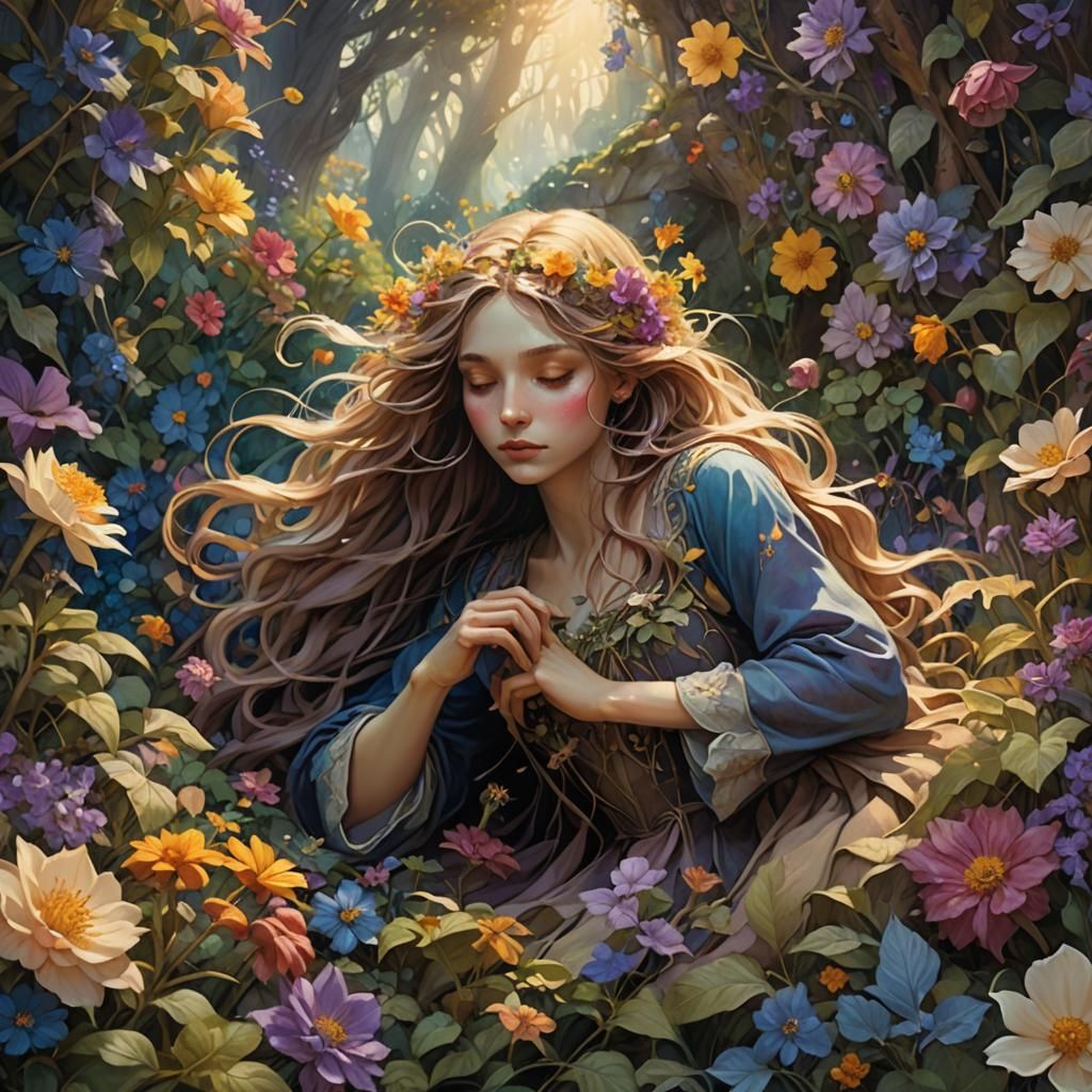 Girl Buried in Floral Garden: Fantasy Matte Painting