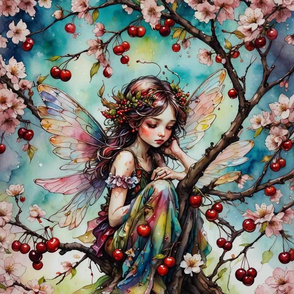 Cherry Fairy with Iridescent Wings, Maximalist Gouache Paint...