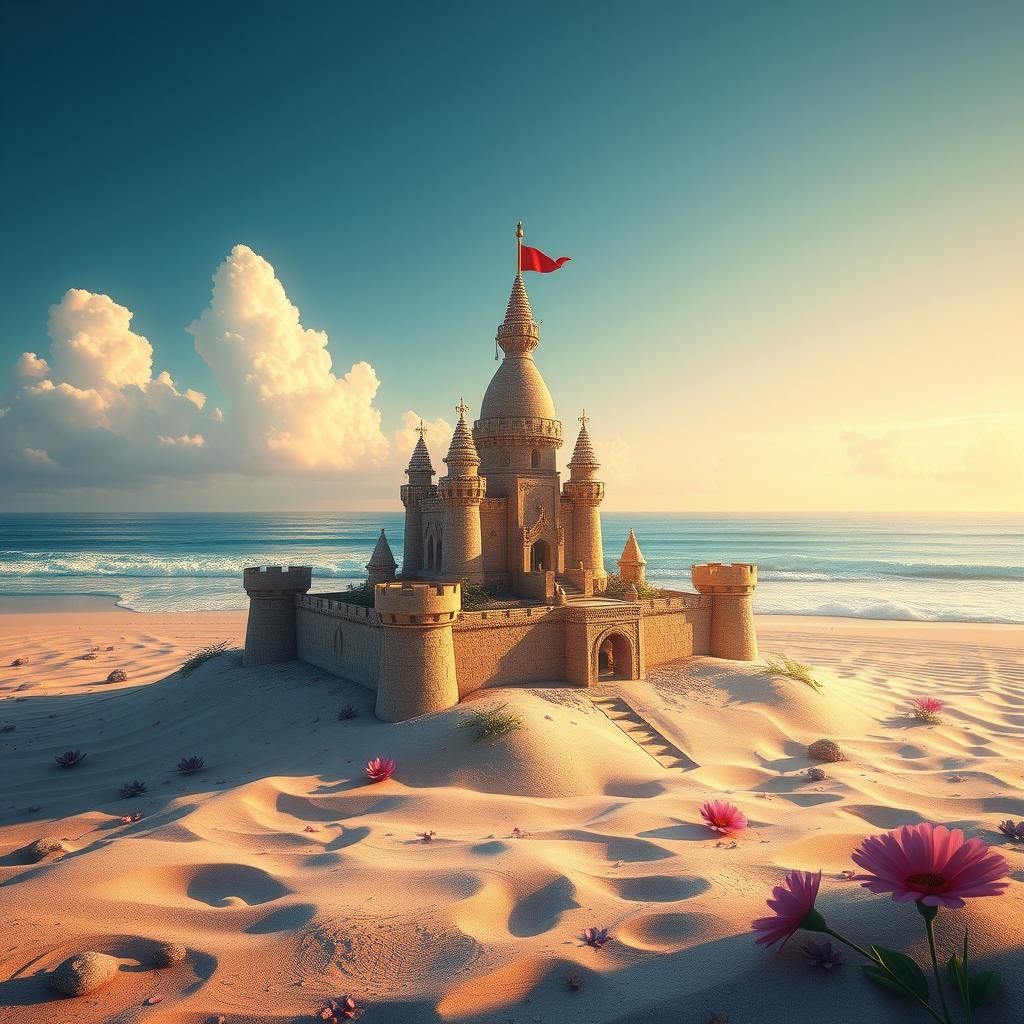 Beach Sandcastle Matte Painting with Wildflowers