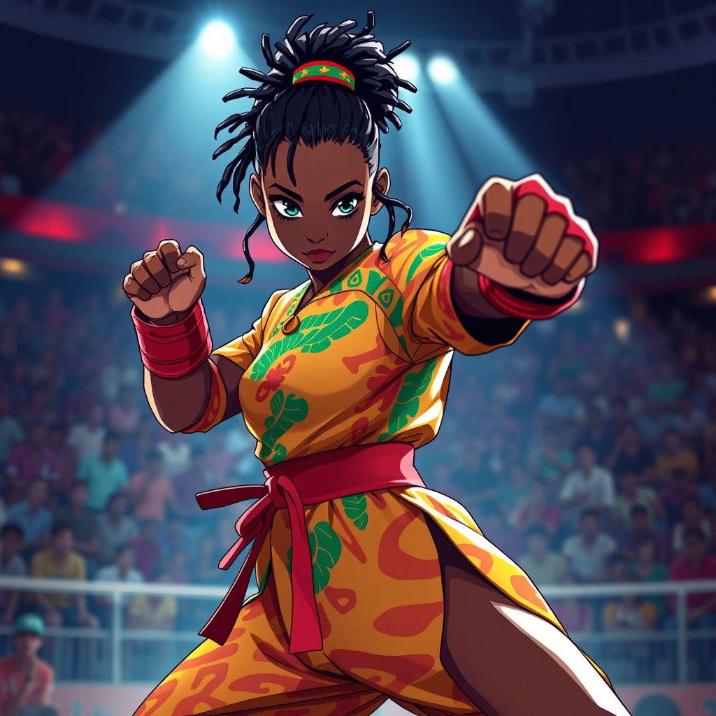 Cameroonian Girl Fighter in Studio Trigger Anime Style