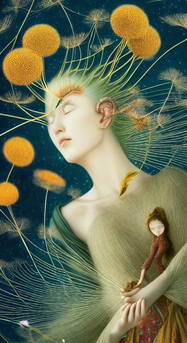 Woman and Dandelion in Wind, Fairytale Art