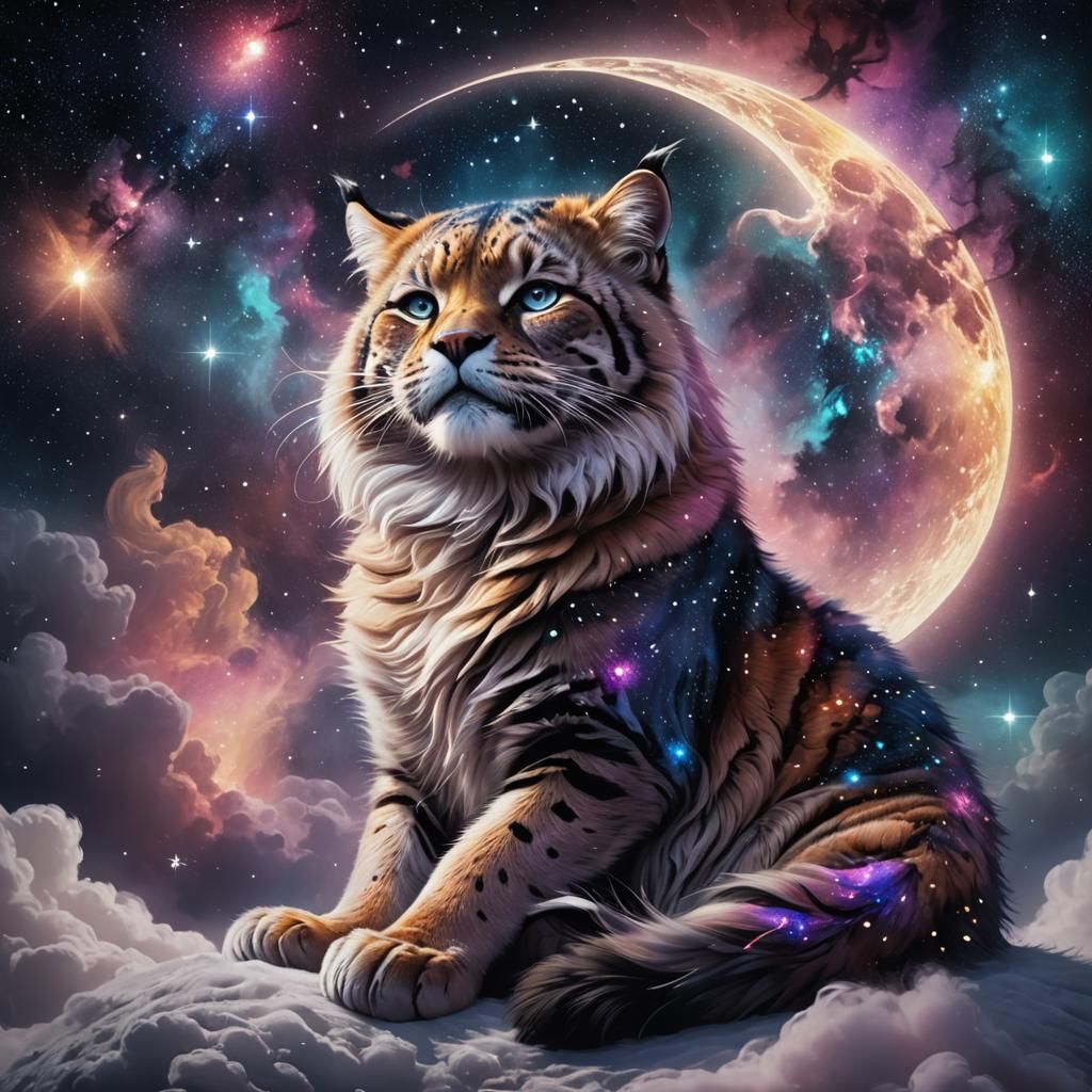 Celestial Galaxy Cat Lounging on Crescent Moon