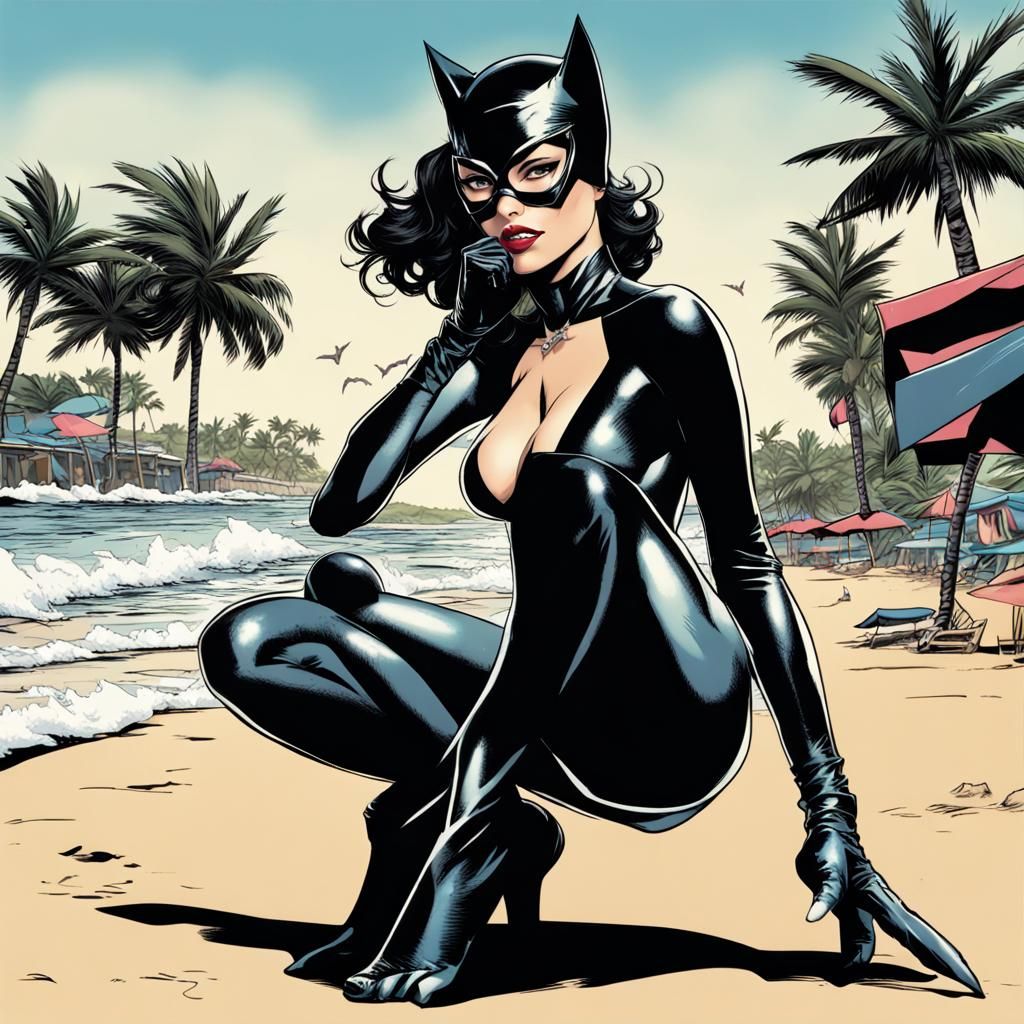 Catwoman on Beach in Comic Art Style