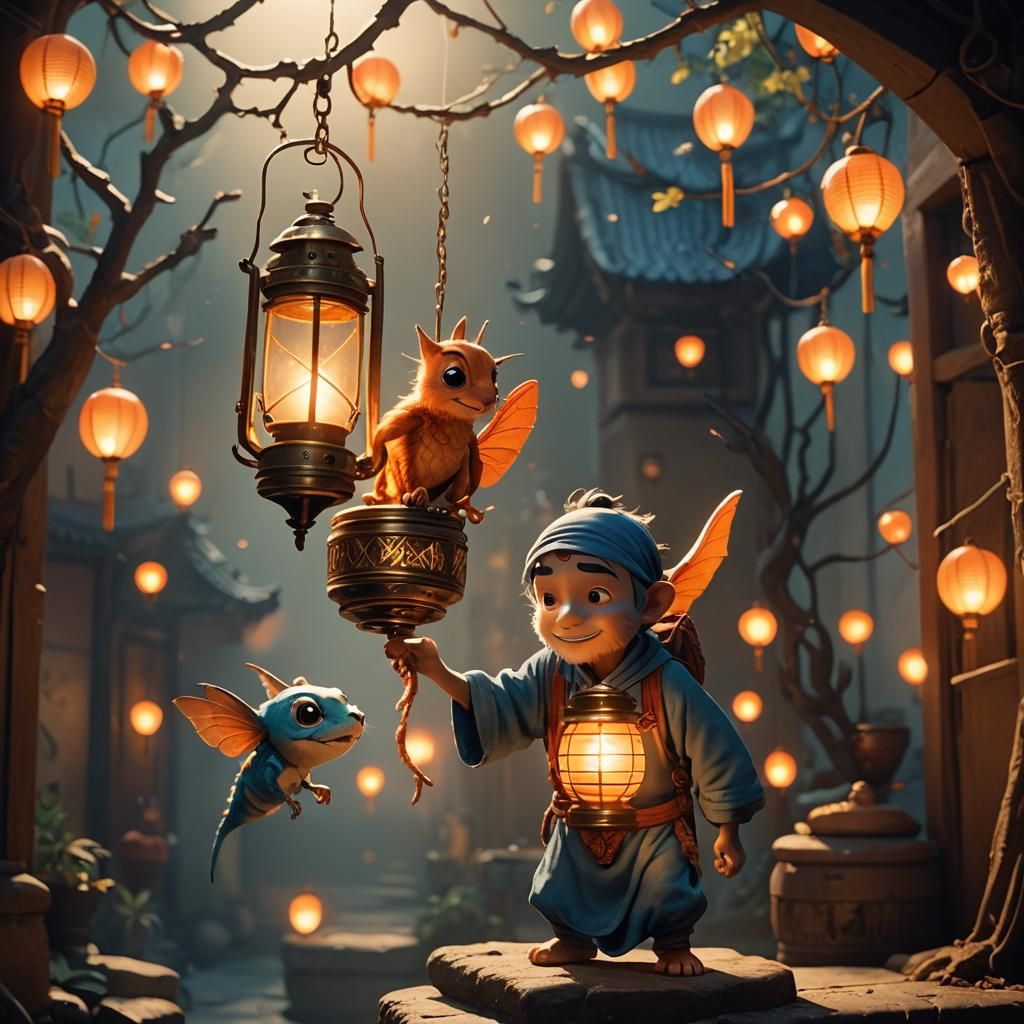 Genie Emerges from Lantern in Animated Film Style