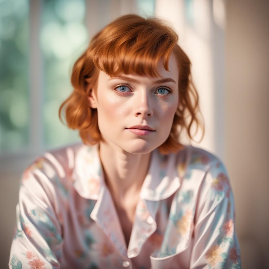 Pretty Ginger-Haired Woman in Silk Pajamas
