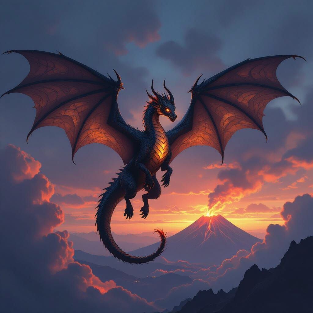 Dragon Soaring Through Twilight Sky in Hyperrealistic Style