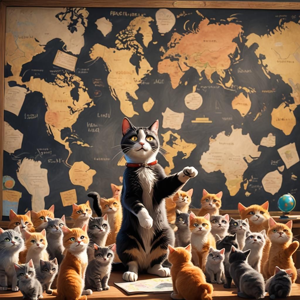 Teacher Cat Educates Kittens: Pixar-Style 3D Concept Art