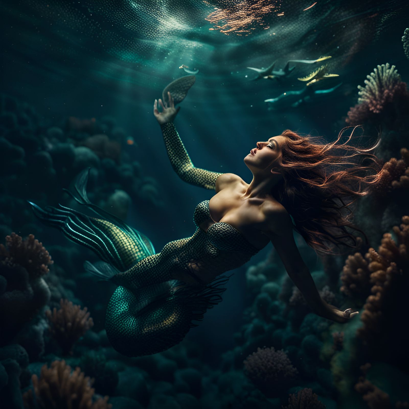 Hyperrealistic Mermaid Swimming Underwater with Intricate De...