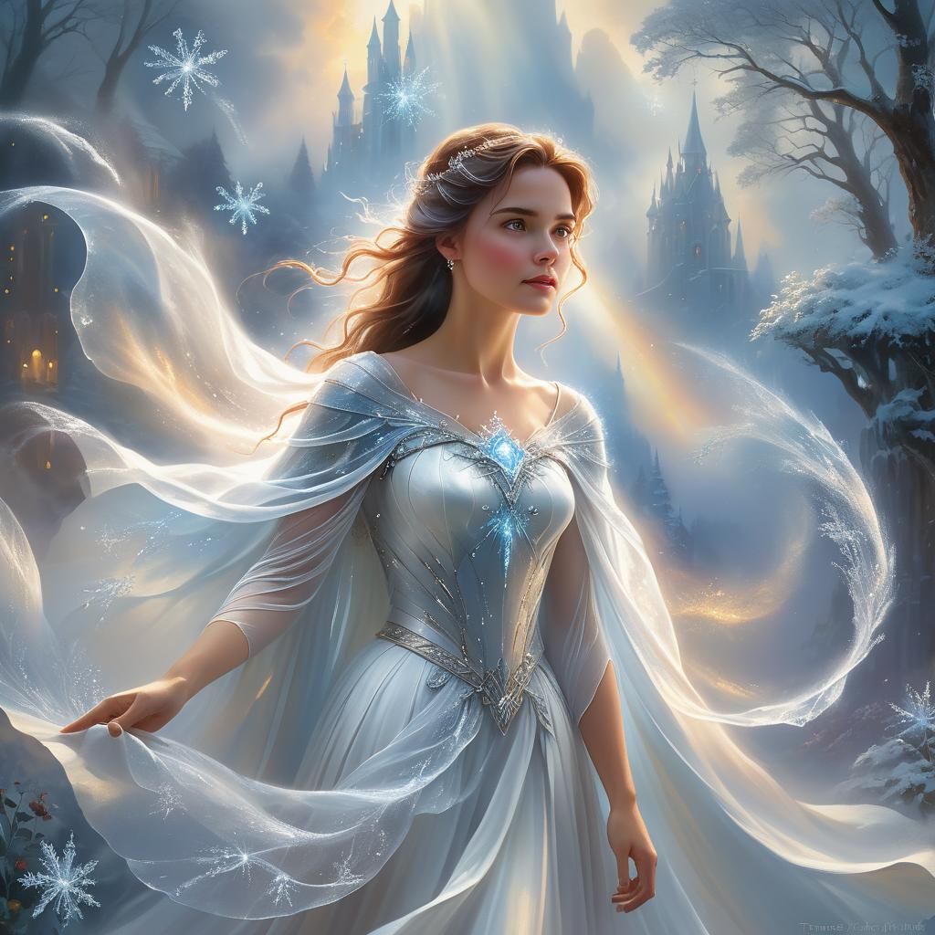 Ethereal Woman Creates Ice Crystals in Misty Realm