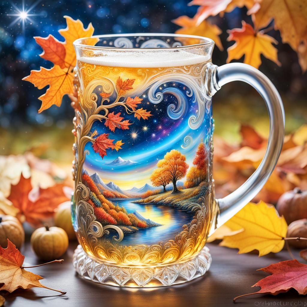Autumn Landscape Pours from Crystal Mug in CGI Style