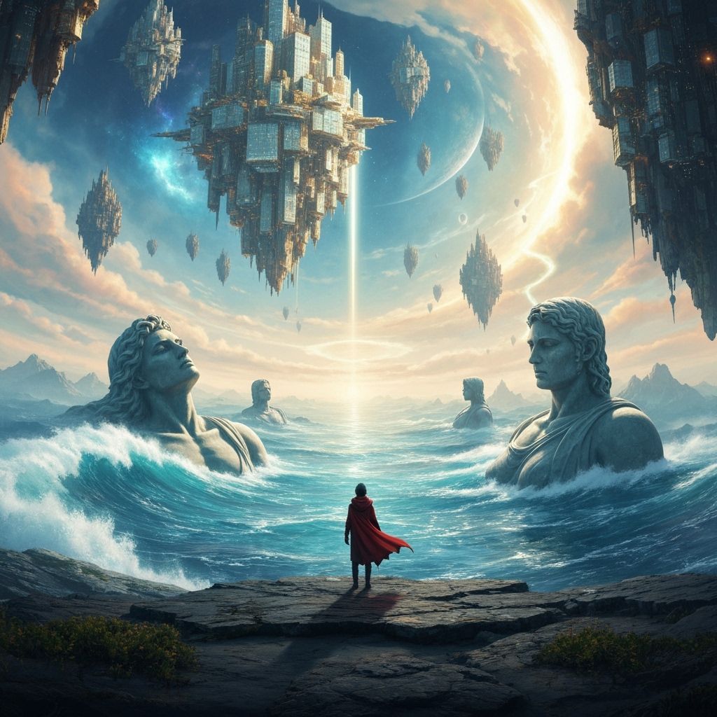 Crimson Figure Gazing into Eternity Dreamscape