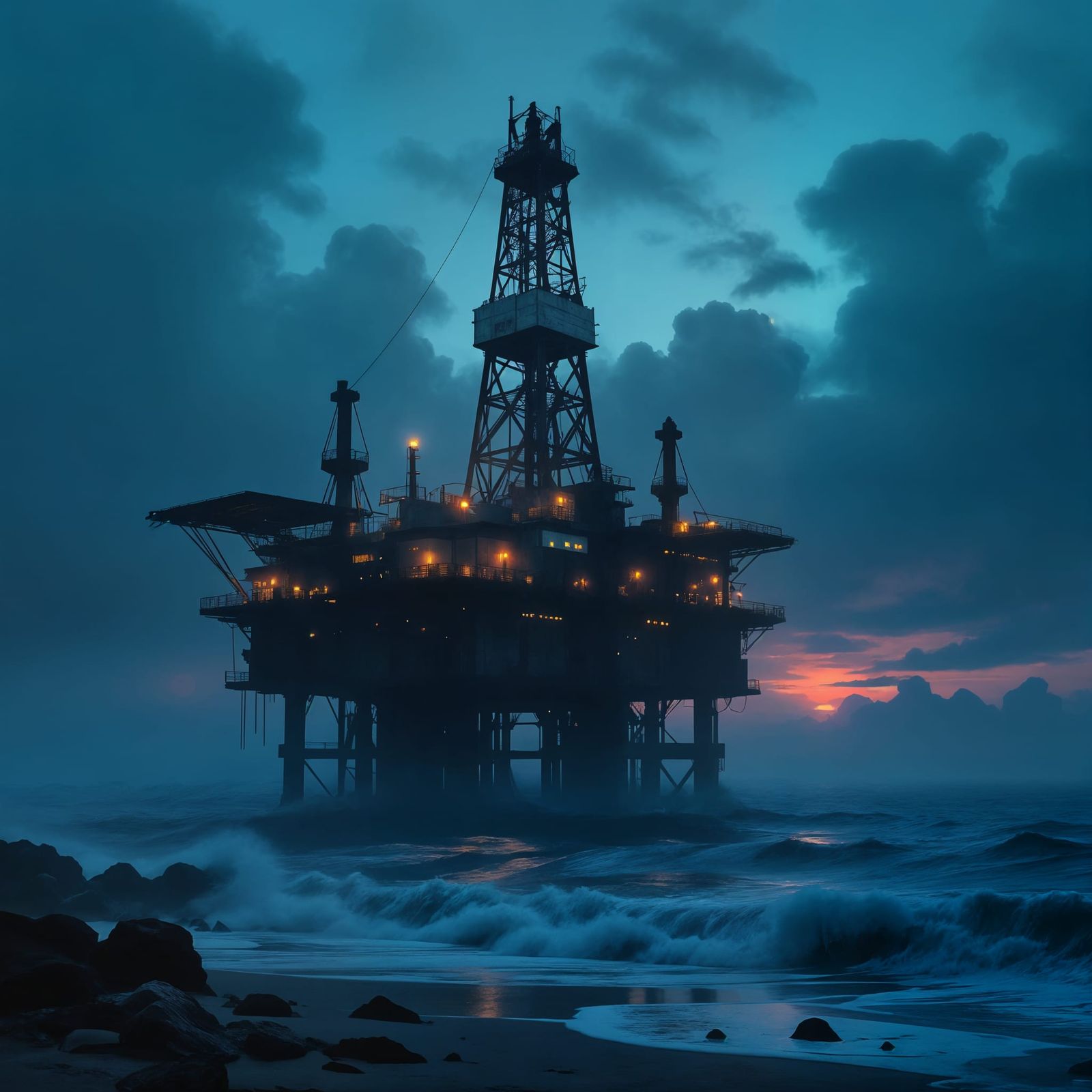 Abandoned Oil Rig at Twilight: Eerie Bioluminescent Glow