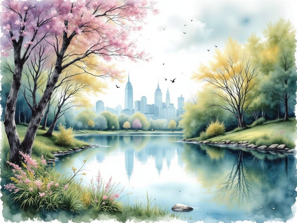 Pastel Park Scene with City Skyline as Watercolor Painting