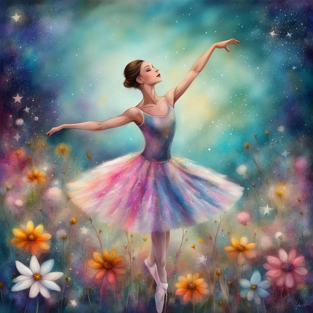 Fantasy Ballerina in Starry Floral Field